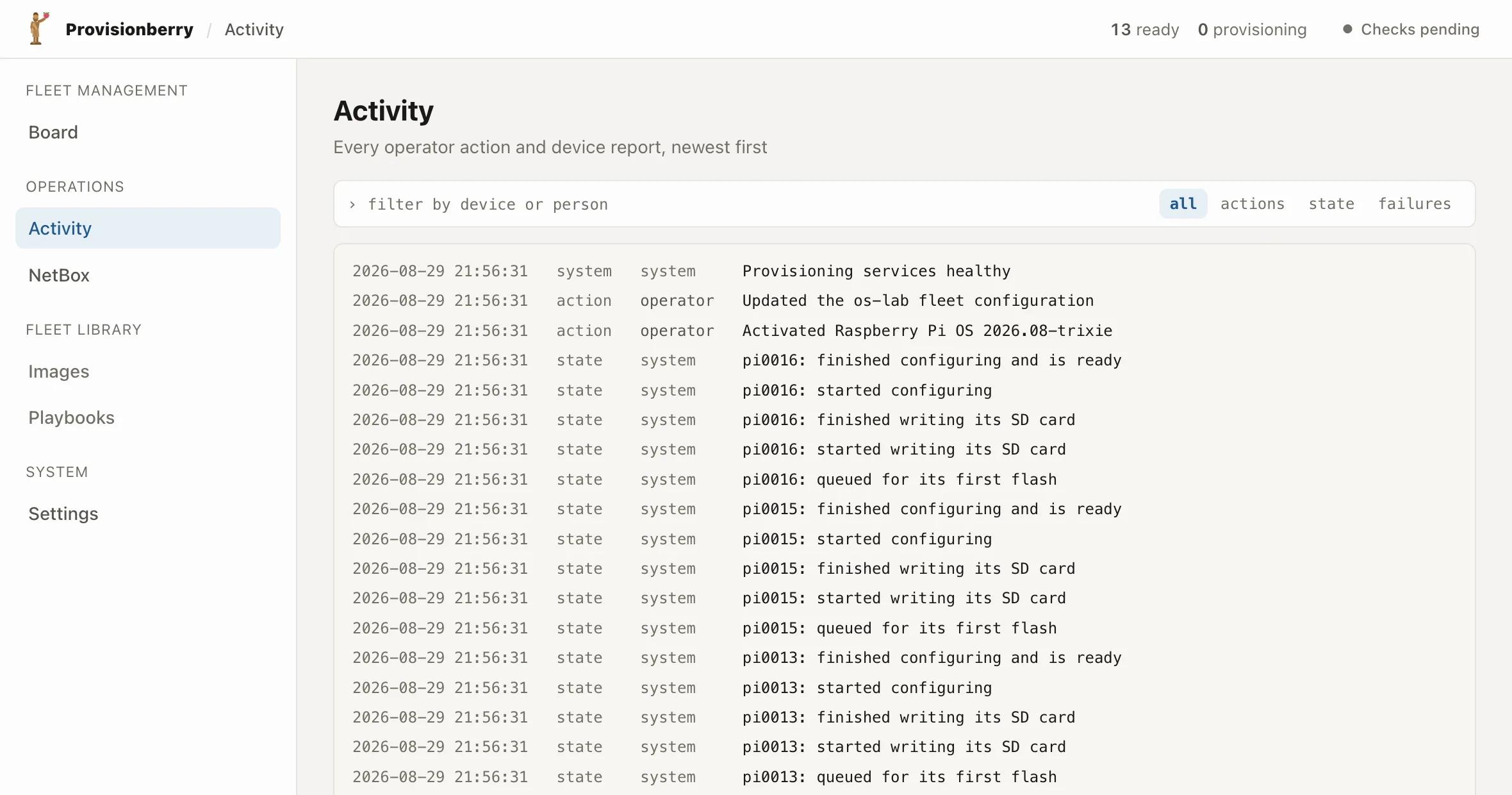 The ProvisionBerry activity log, listing timestamped operator actions and device state reports such as a device starting to write its SD card, finishing, and becoming ready