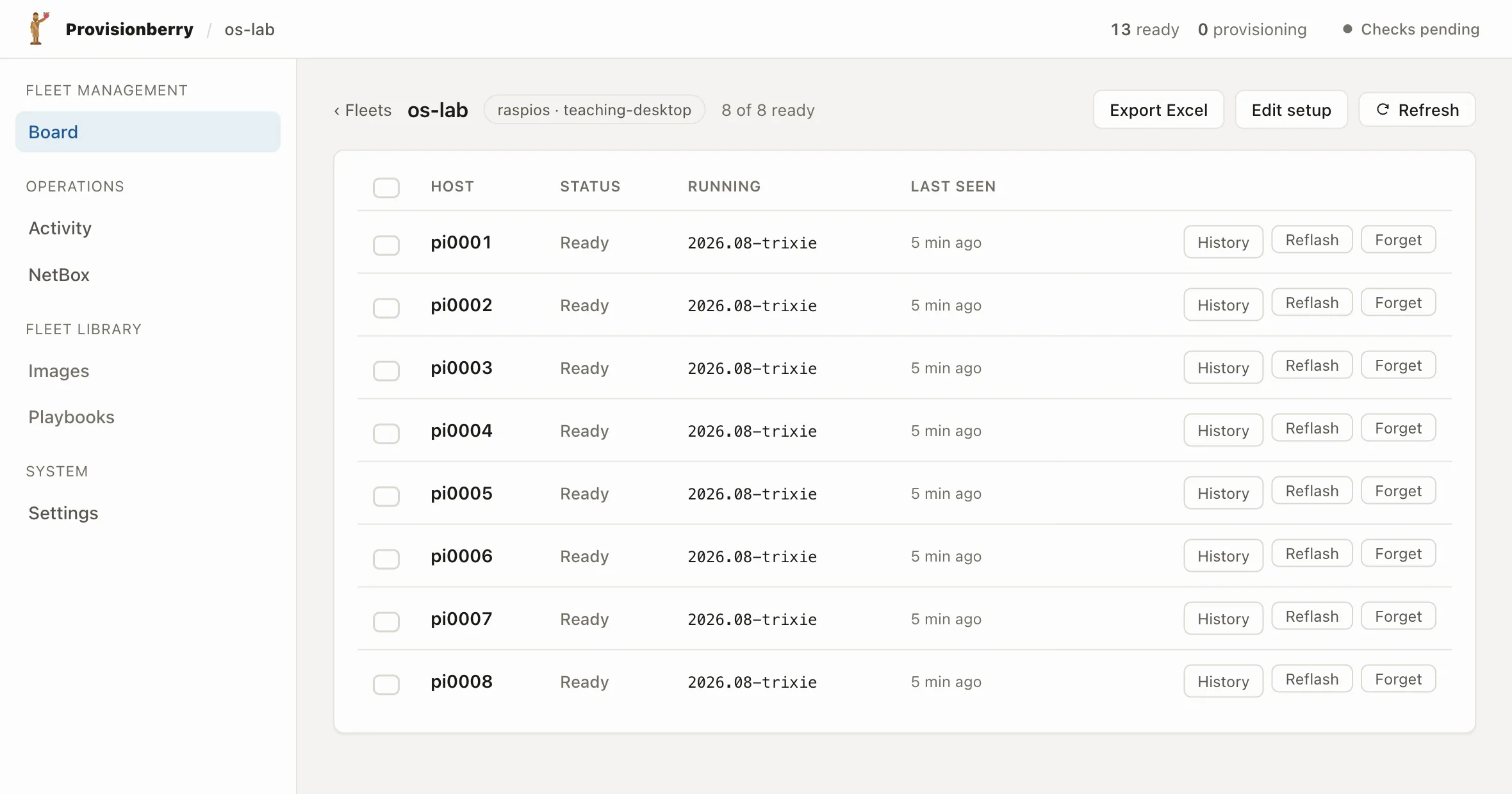The os-lab fleet in ProvisionBerry, listing Raspberry Pis pi0001 to pi0008 with their state, the image version each is running and when it was last seen